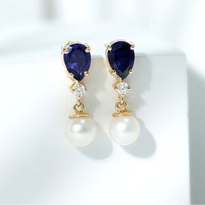 Rosec Jewelers Sapphire & Moissanite Dangle Earrings with Freshwater Pearl Drop